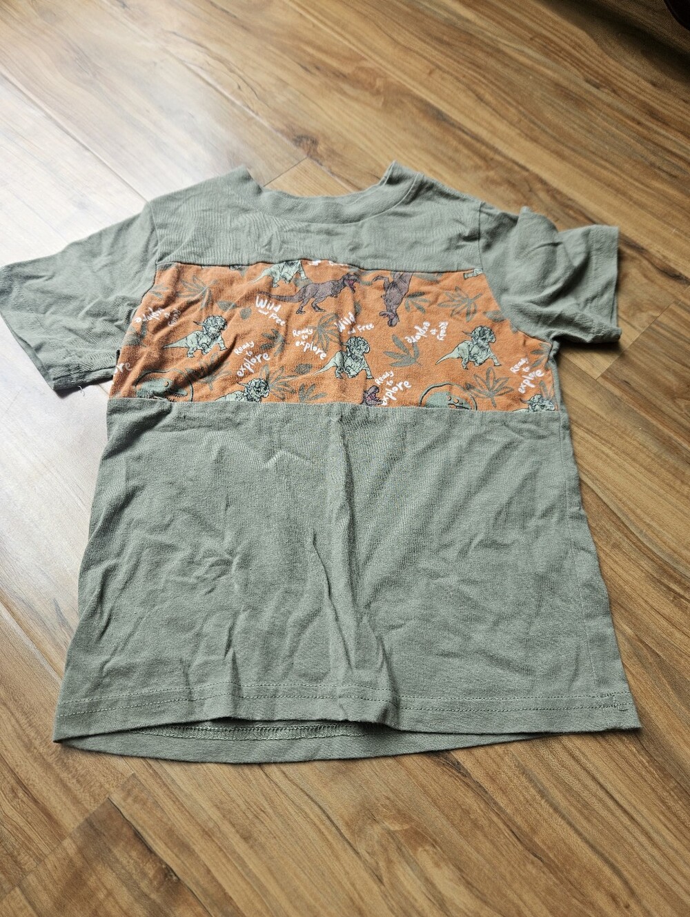 Kids' Short Sleeve Shirt in Olive Green with Orange Dino Panel 4t